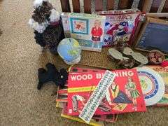 Kids chalk board, wood burning kit, games and toys