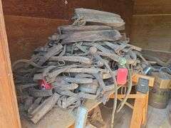 Plethora of old horse harness, collars, hames w/ brass knobs etc...
