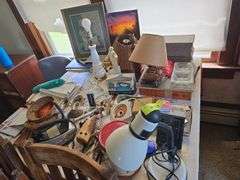Grab bag lot includes lamps, papers, canister, iron, shoe stretchers, etc