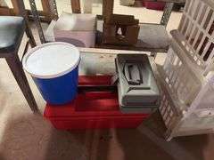 Metal shelving unit with contents, office chair, tool boxes and plastic stackable storage bins with empty coffee cans