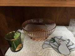 Mary Gregory painted blue vase, stemware, candle holders, pink bowl, 1907 souviner cup and more