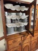 Kraus Furniture Amana walnut hutch with 4 glass doors on top, 5 drawers and 4 door base 22D x 66L x 73H NO CONTENTS, needs to  be a LATE PICK UP TIME!!