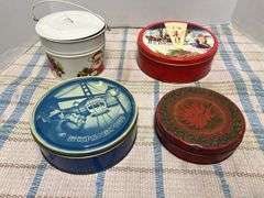 Tin lunch pail w/ Christmas theme and other tins