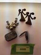 Old Timer pocket knife, tire repair kit tin and brass angel candle holders