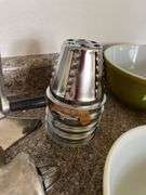 3 Pyrex bowls, 3 meat grinders and 2 rotary cutters