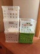 Two drawer letter file cabinet, HP LaserJet M140we printer and plastic stackable baskets