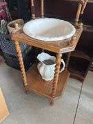 Vintage Oak washstand with pitcher and bowl