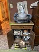 Rolling microwave cart, baking pans and party trays, cutlery