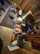 15+ boxes and totes of mostly fabric, denim, rug making items, knitting and sewing related - CRAFTY CORNER