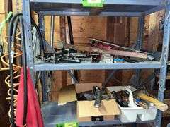Level, vise, screwdrivers, air hose and drop cord Shelf 2 & 3, L side of shelf