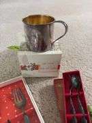 Roger's juvenile silverware set and cup, Swedish pickle fork set