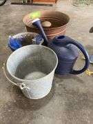 Copper look planter, plastic sprinkling can, metal buckets