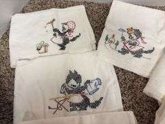 Set of 6 cross stitched cotton towels w/ cats