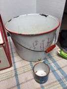 Vintage bread box, enamelware pail and hand enameled cup