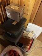 15+ boxes and totes of mostly fabric, denim, rug making items, knitting and sewing related - CRAFTY CORNER