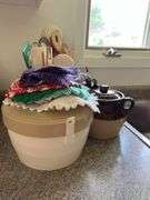 1 gallon crock, kitchen utensils, salad spinner, bean pot and flatware