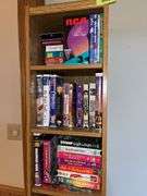 12D x 12L x 72H shelf unit w/ VHS movies, RC car, slot car track and 3 slot cars