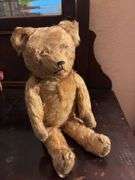 14” vintage mohair teddy bear, jointed and stitched nose, mouth, hands and feet