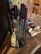 Stove top essentials - trivet, enamel coffee pot, stove fan, stocking holder, horse shoes