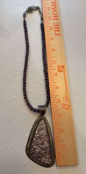 Sterling Lepidoite pendant with purple glass bead necklace marked JG image
