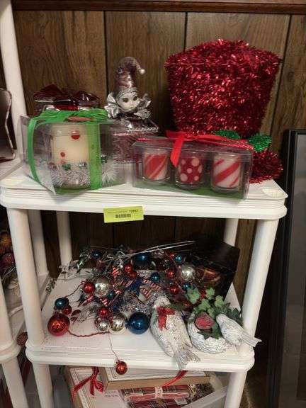 Shelf and all includes holiday decor, candles, jester music box, etc