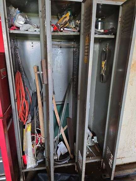 Contents of lockers includes hand tools, chainsaw chains, bar oil, ball bat etc image