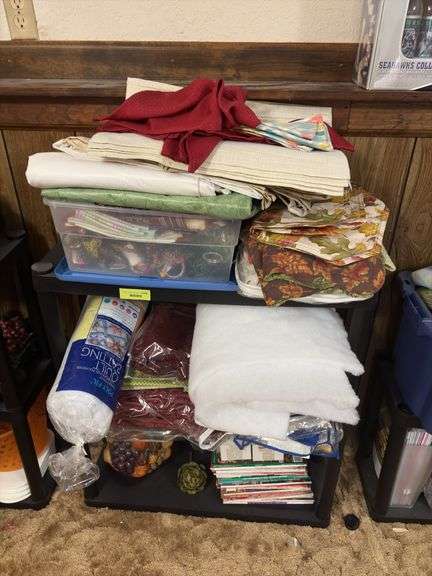 Shelf and all includes placemats, cookie jar, quilt batting, etc image