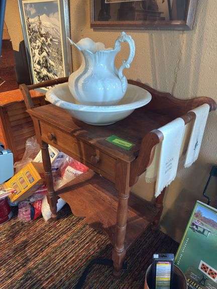 Walnut washstand w/ towel bars,  pitcher and bowl set image