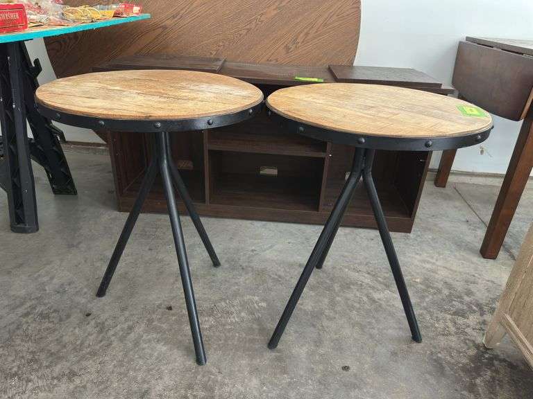 (2) 20" round metal and wood tables 26" tall