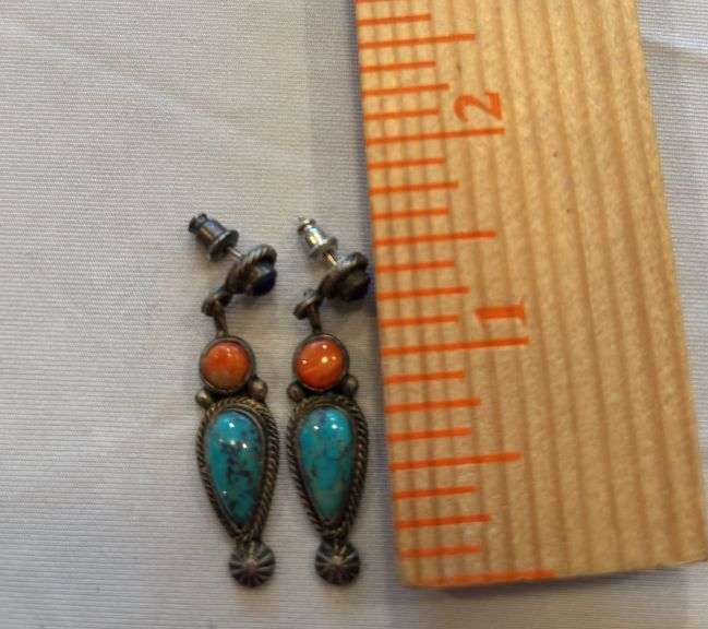 Turquoise/coral pierced earrings stamped with bear and initials RB image