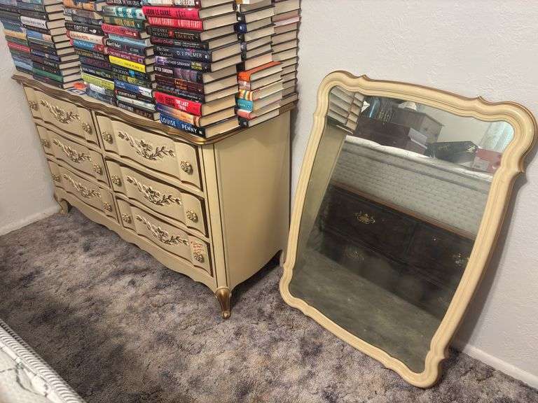 Vintage French provincial six drawer dresser with mirror image