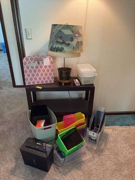 Office bins/trays, plastic shelf, lamps, paper shredder, etc image