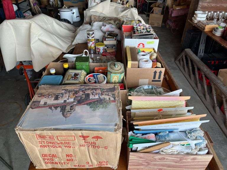 Table Lot includes cards, sewing notions, crocheted bedspread, glassware, tins, lace and more image