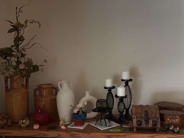 Knick knacks, pottery, candle holders, birds etc...