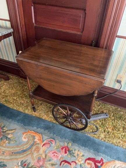 Dark wood drop leaf tea cart 18x27x27H, opens to 27x38 image