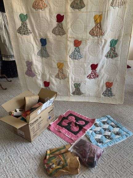 Sun Bonnet Sue quilt 56 x 72, quilted squares, burlap bags etc image