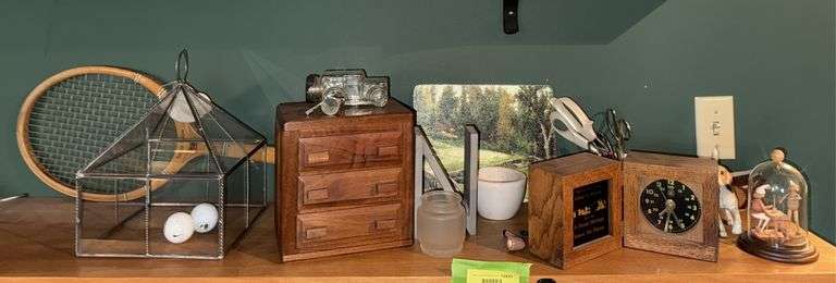 Car candy containers, clock, walnut 3 drawer jewelry chest. Glass cover etc.. image