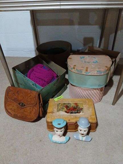 Old hat boxes, hats, leather purse, jewelry box