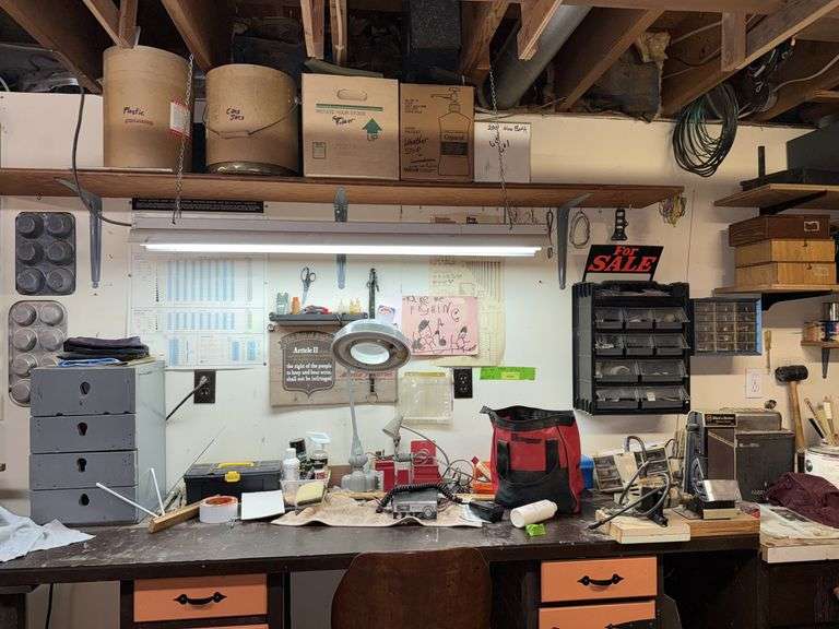 Menagerie of shop related items-drill/sander, bins, cb radio, wiring, straps etc.. Hundreds of dollars worth of stuff you didn't even know you needed. image