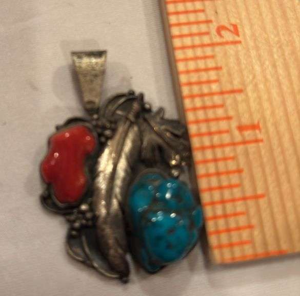 Turquoise and Coral pendant marked Cheyenne Sterling image