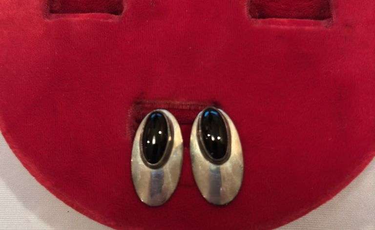 Sterling Onyx Pierced earrings marked AW image
