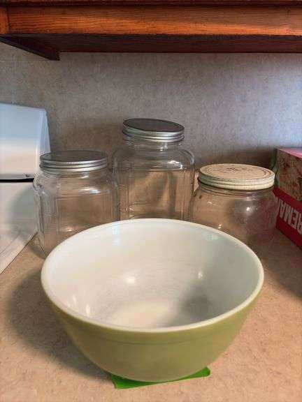 Three counter style glass jars and Pyrex 403 mixing bowl image