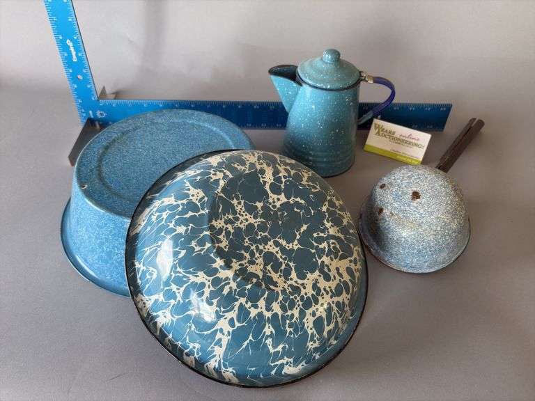 Four pcs blue swirl or speckled enamelware image