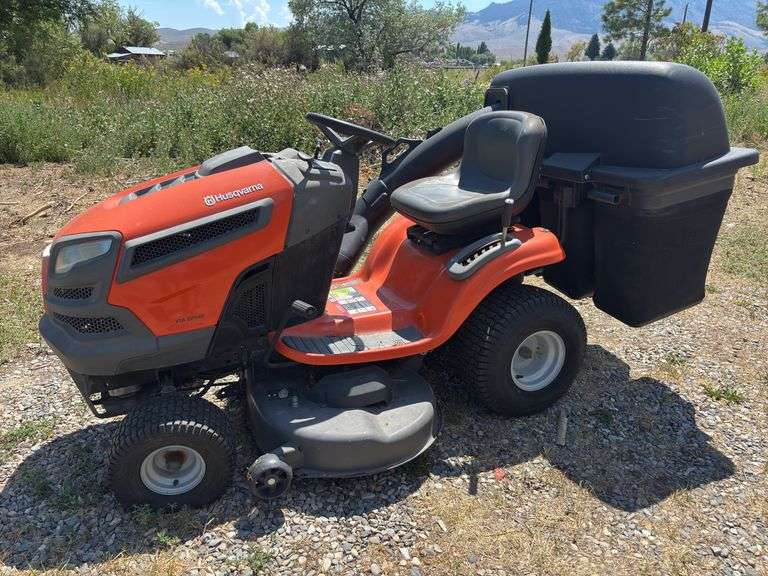 Husqvarna YTA 22V46 46” riding lawnmower with extra large grass catcher - hasn’t had a tuneup in a while, but does run and mow! (see video) image