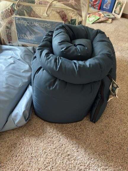 Air beds (one marked queen), sleeping bag, queen comforter and queen bedspread