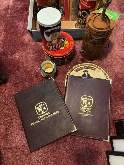 Quaker Oats cans, lamp, wood sugar bucket lid w/ Q oats logo, F&F Quaker Oats plastic mug