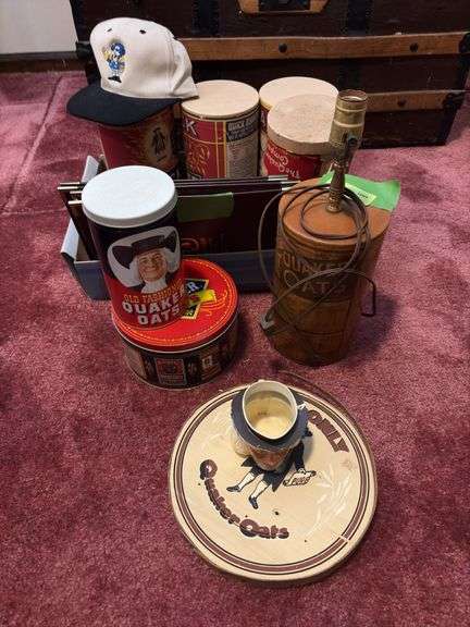 Quaker Oats cans, lamp, wood sugar bucket lid w/ Q oats logo, F&F Quaker Oats plastic mug image