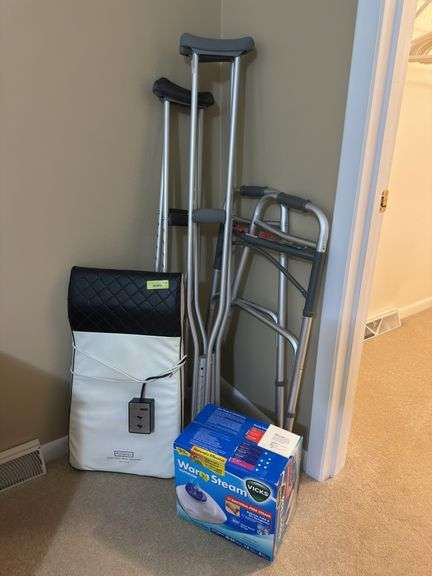 Walker, crutches, steamer, massage pad