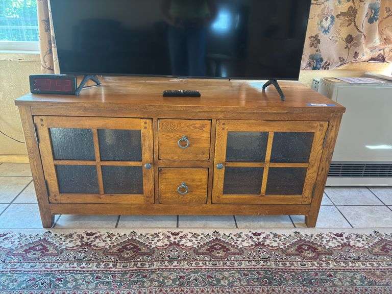 Solid oak television stand mission style with four panel glass doors 54 x 22 x 25