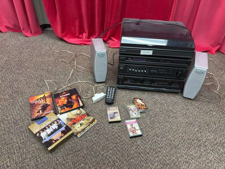 Panasonic Electronics, turntable, stereo, tuner, amplifier, and stereo double cassette deck, there is a remote, but it might not be for that device, AWA speakers, DCD’s, cassettes image